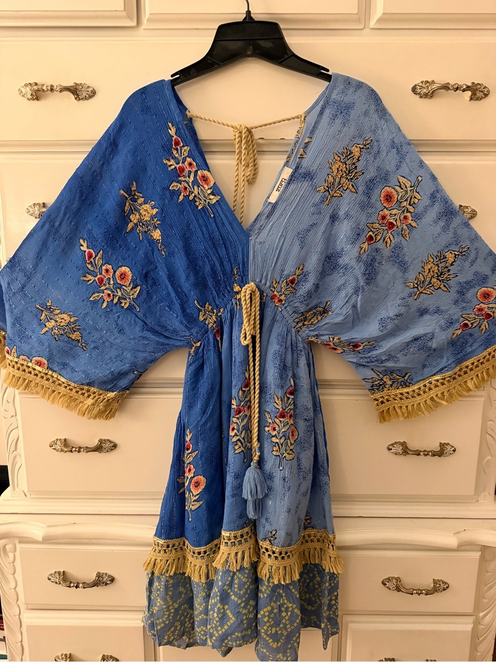 Zury Collection Boho Embroidered Mini Dress Blue Free Size One Size Fringe NWOT